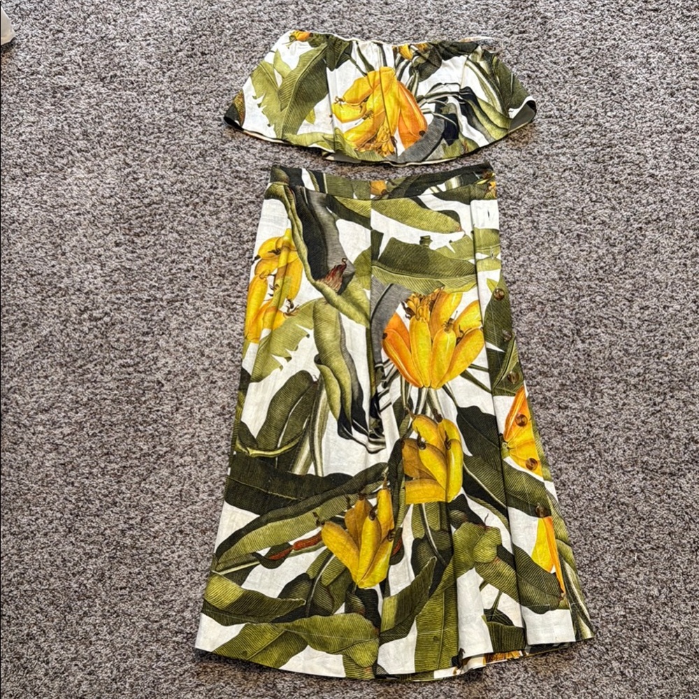 Farm Rio Linen Strapless Set with Yellow and Green Accents